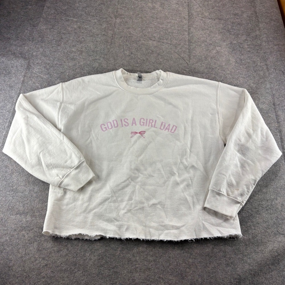 Jesus Freaks God Is A Girl Dad Graphic Sweatshirt White Pink Bow Crop L Coquette